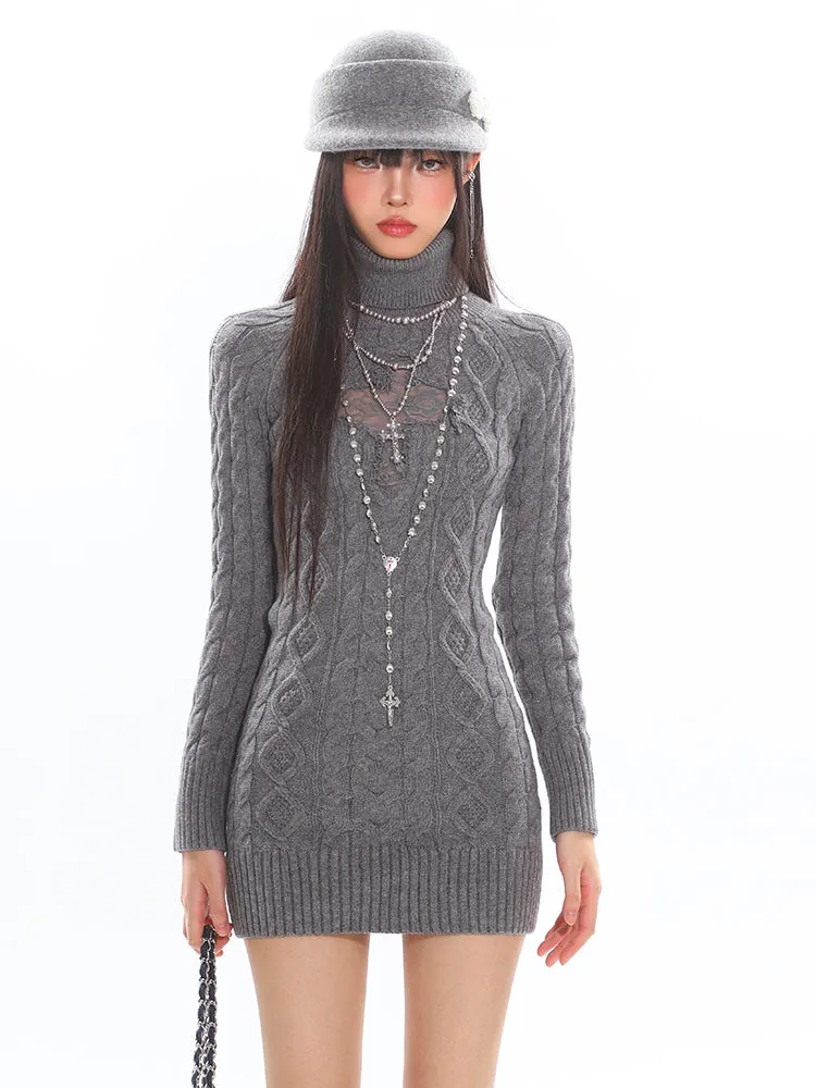 Cable Knit Turtleneck Dress with Cross Mesh Lace Detail