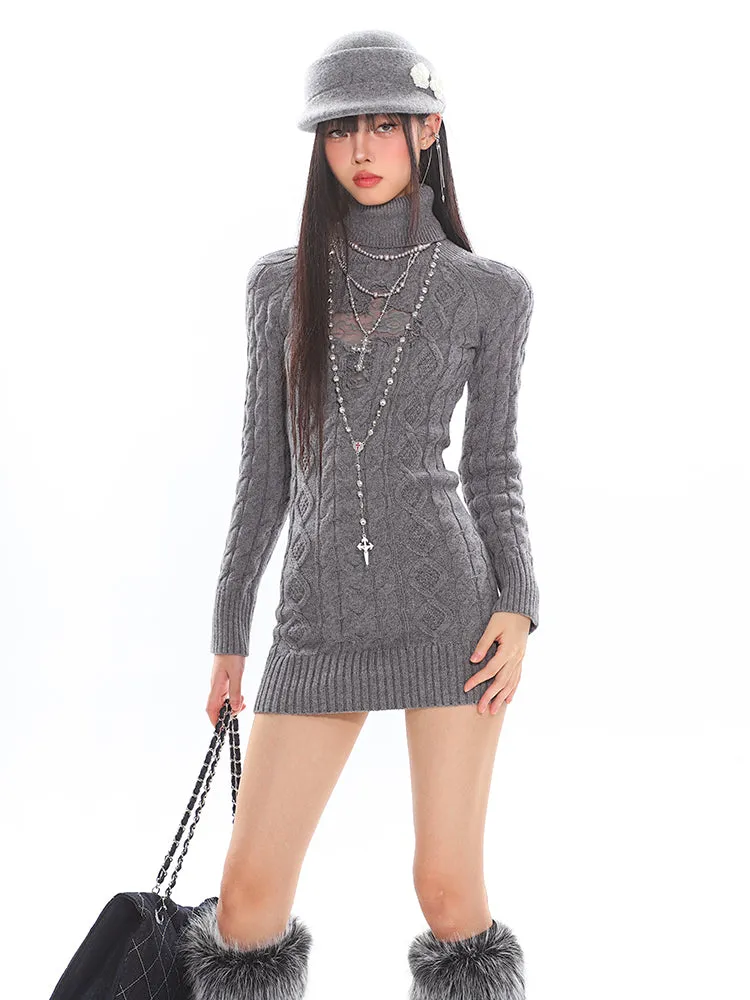 Cable Knit Turtleneck Dress with Cross Mesh Lace Detail