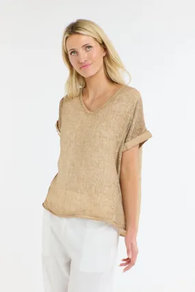 Calypso V-Neck Short Sleeve Camel Linen Top by Love From Italy