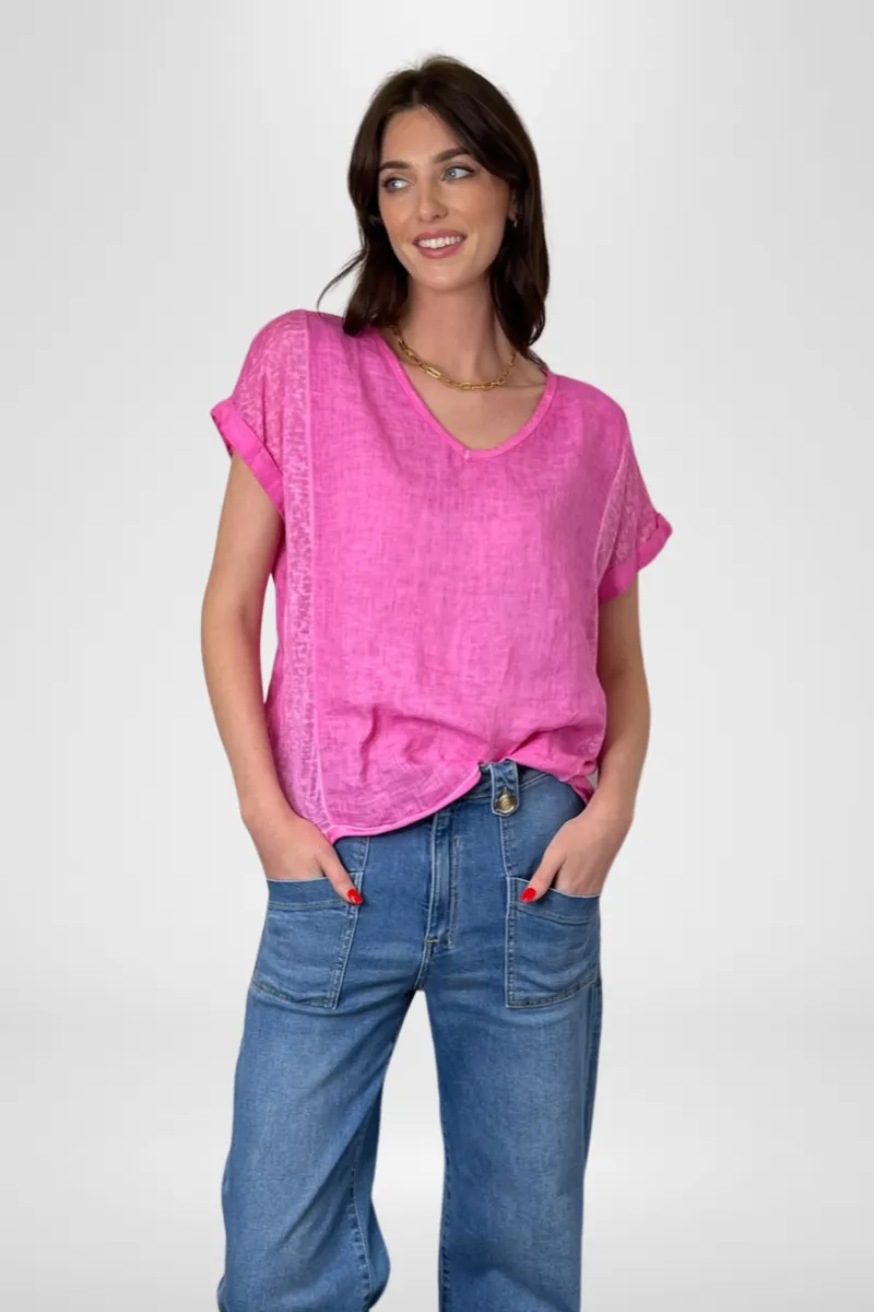 Calypso V-Neck Short Sleeve Fuchsia Linen Top by Love From Italy