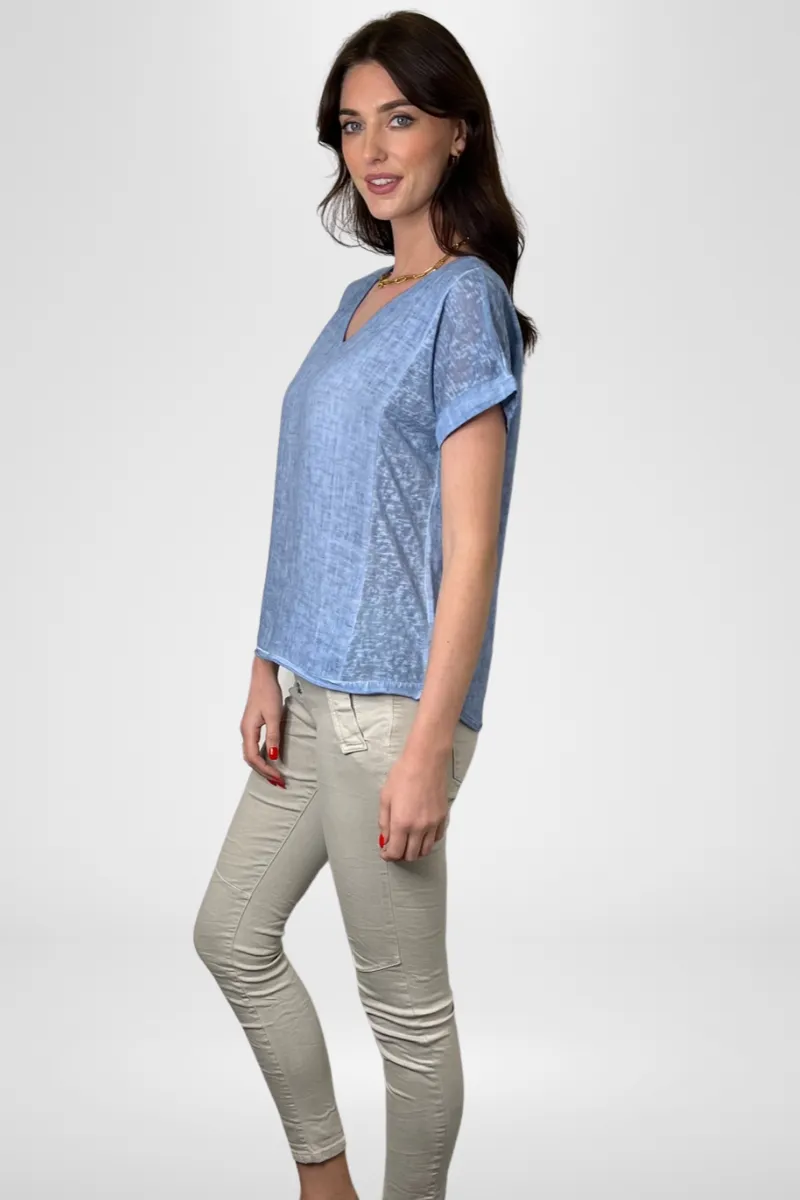 Calypso V Neck Short Sleeve Sky Blue Linen Top by Love From Italy