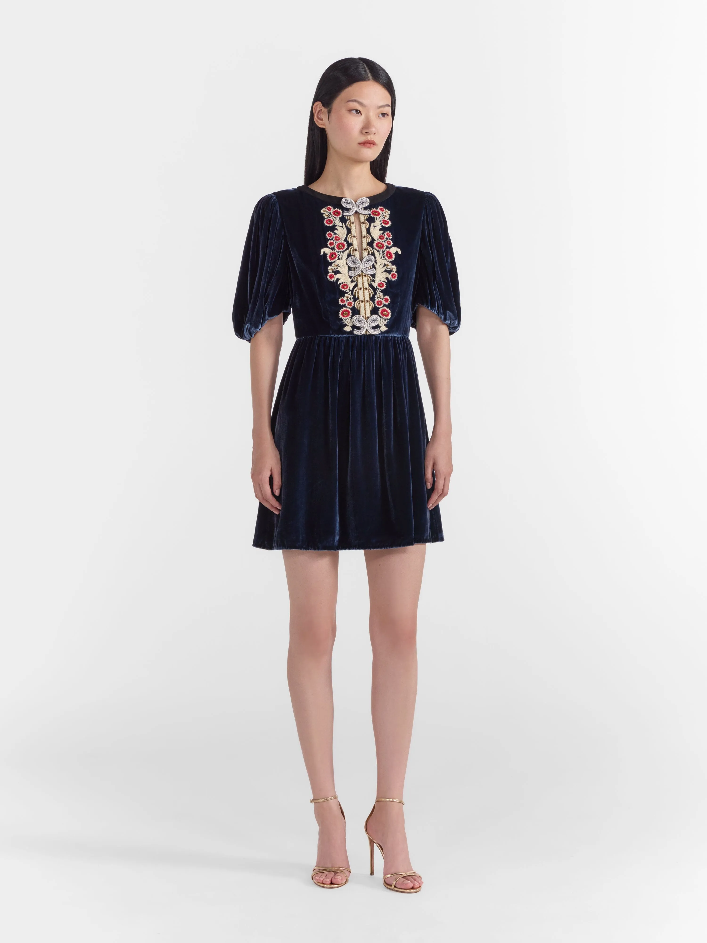 Camille Thread Short Dress with Threadwork Bows in Navy