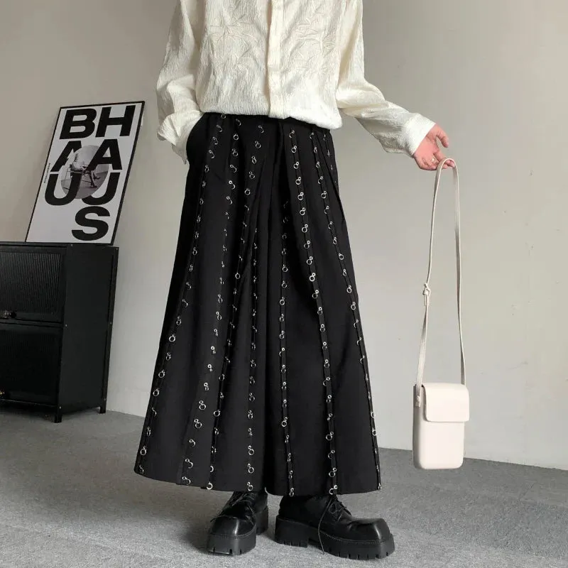 Casual Wide Pants Button Men Metal Patchwork Leg Pants