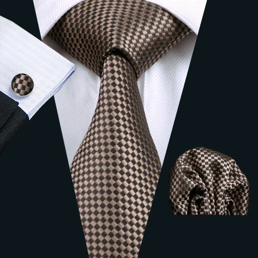 Champagne Brown Plaid Tie Handkerchief Cufflinks Set with Wedding Brooch