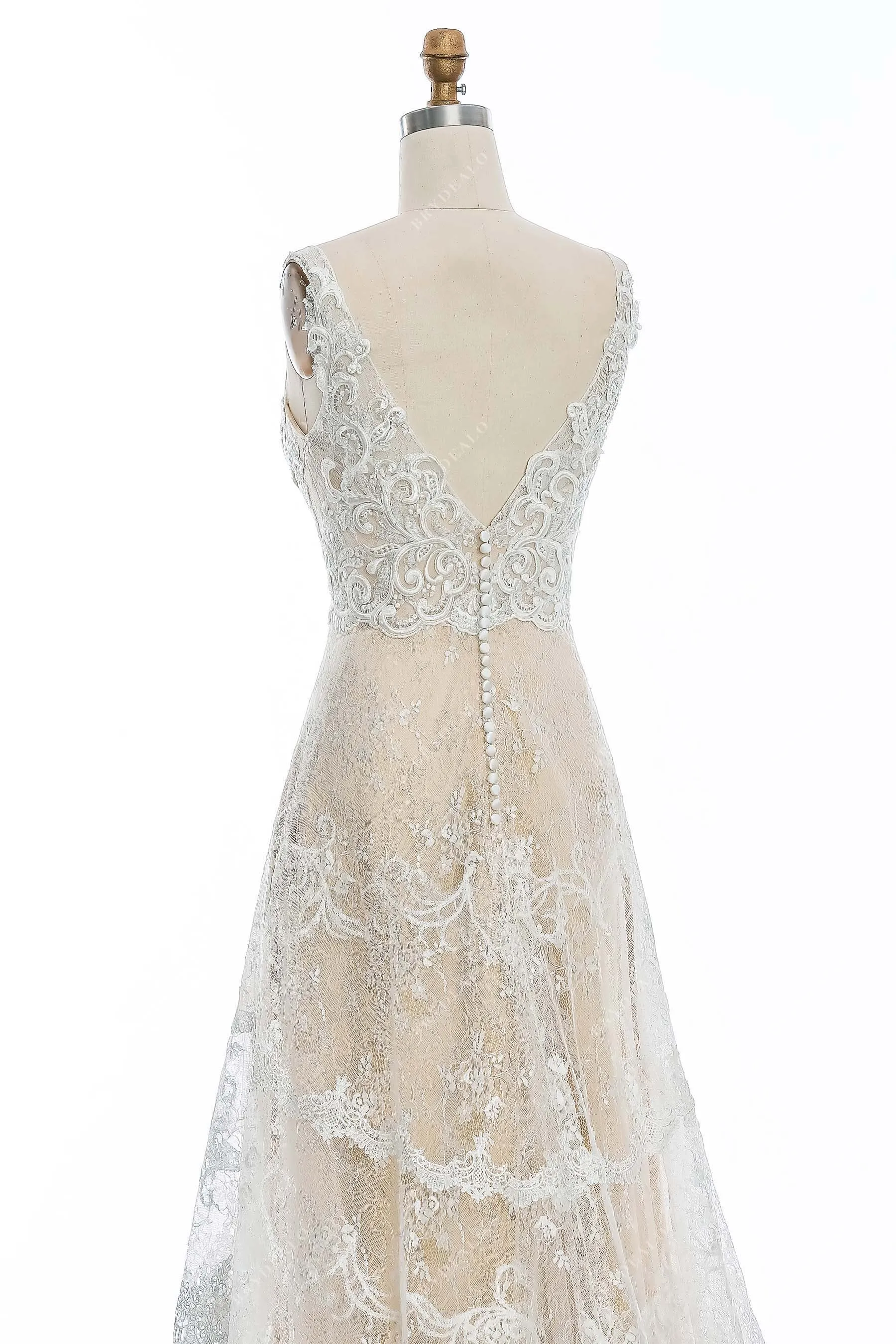 Champagne Floral Lace Straps Wedding Dress