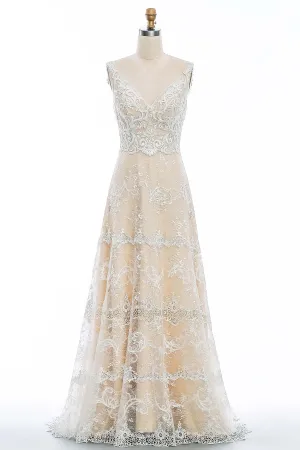 Champagne Floral Lace Straps Wedding Dress