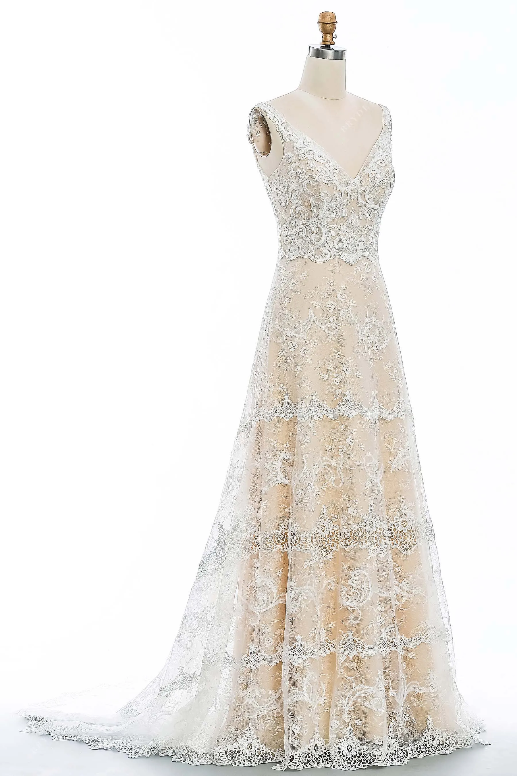 Champagne Floral Lace Straps Wedding Dress