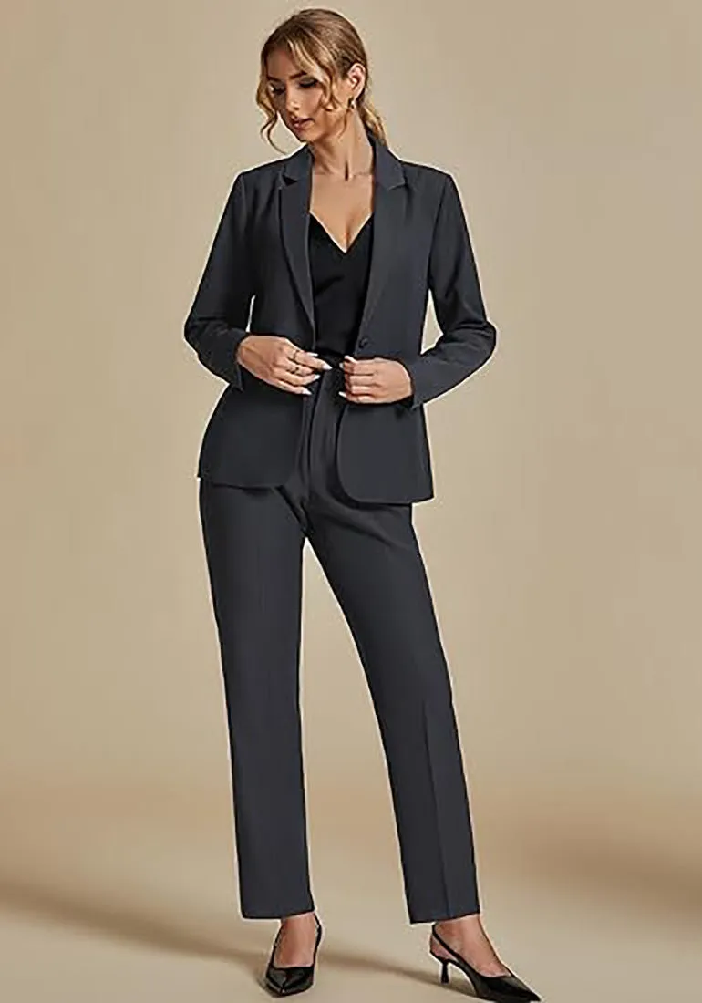 Charcoal Women's Blazer Set Business Casual Full Fit Blazer Jackets and Straight Pant Suits with Pockets