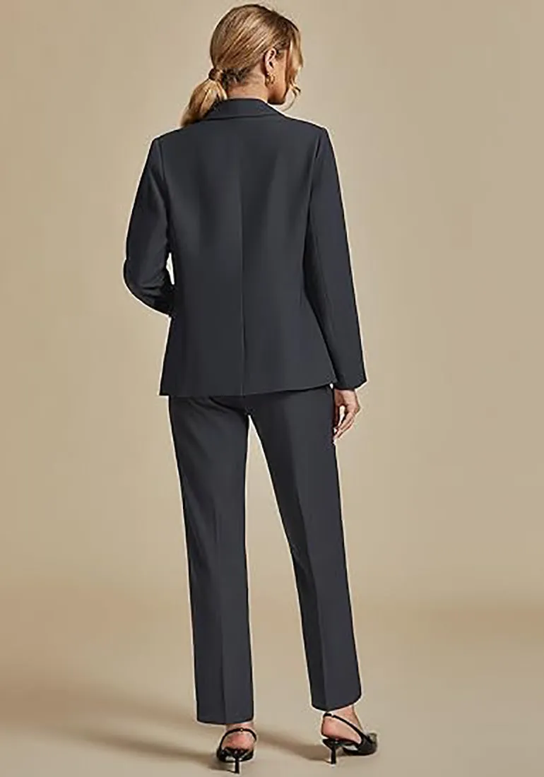 Charcoal Women's Blazer Set Business Casual Full Fit Blazer Jackets and Straight Pant Suits with Pockets