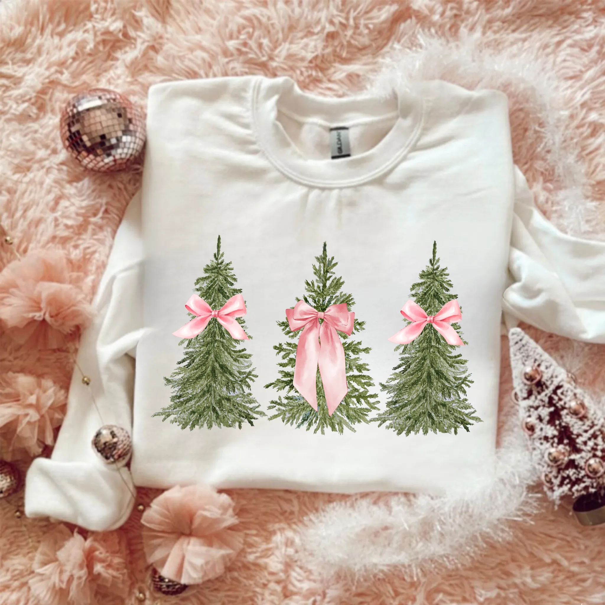 Christmas Tree Coquette Bow Christmas Crewneck Sweatshirt