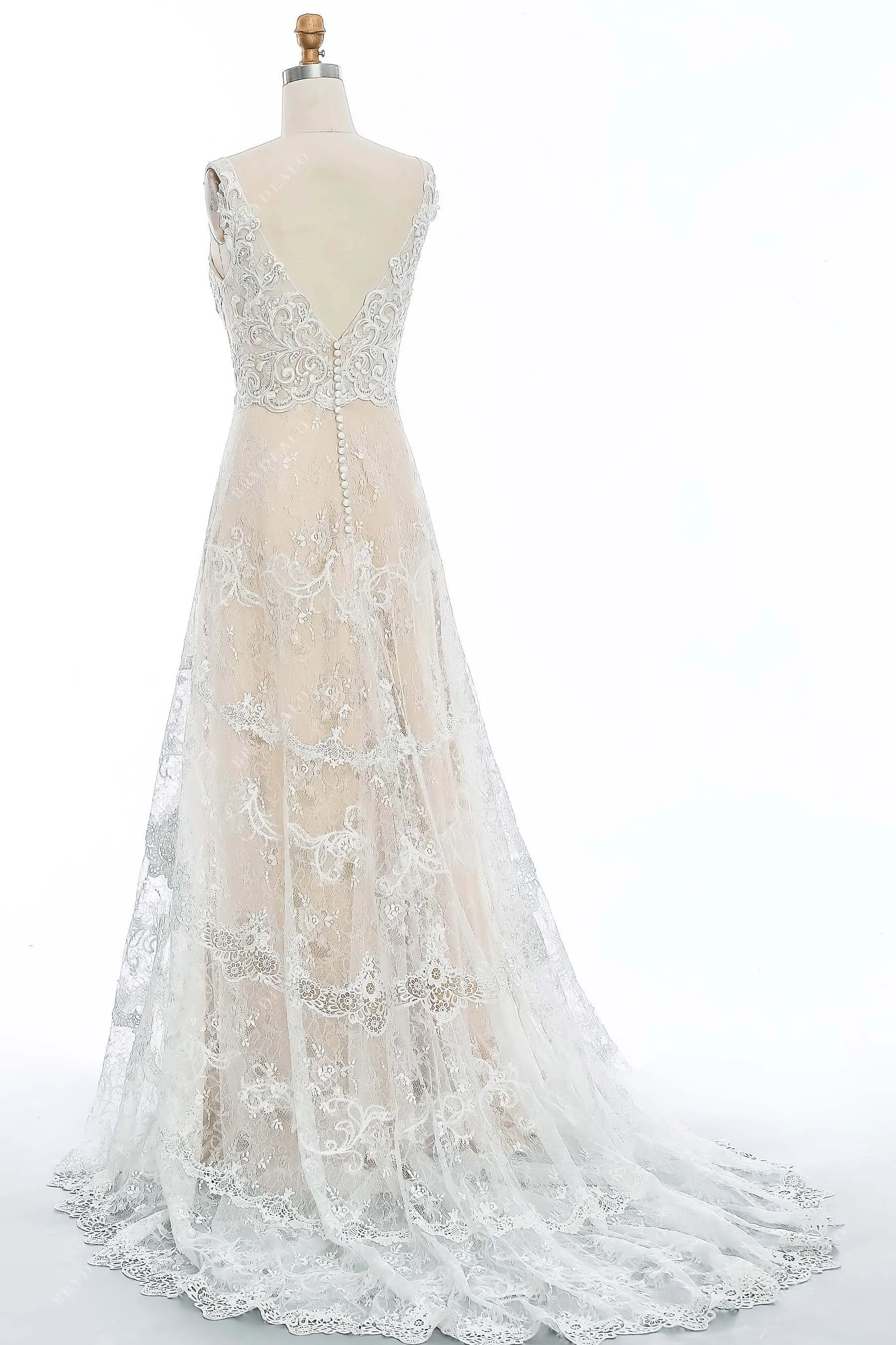 Classic A-line Champagne Floral Lace Straps Wedding Dress