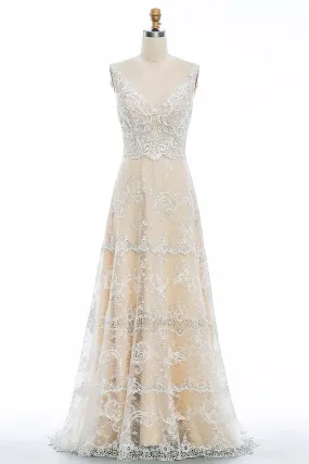 Classic A-line Champagne Floral Lace Straps Wedding Dress