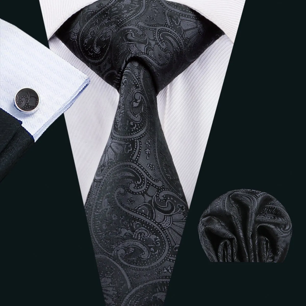 Classic Black Floral Silk Men's Tie Hanky Cufflinks Set Gift Box Set