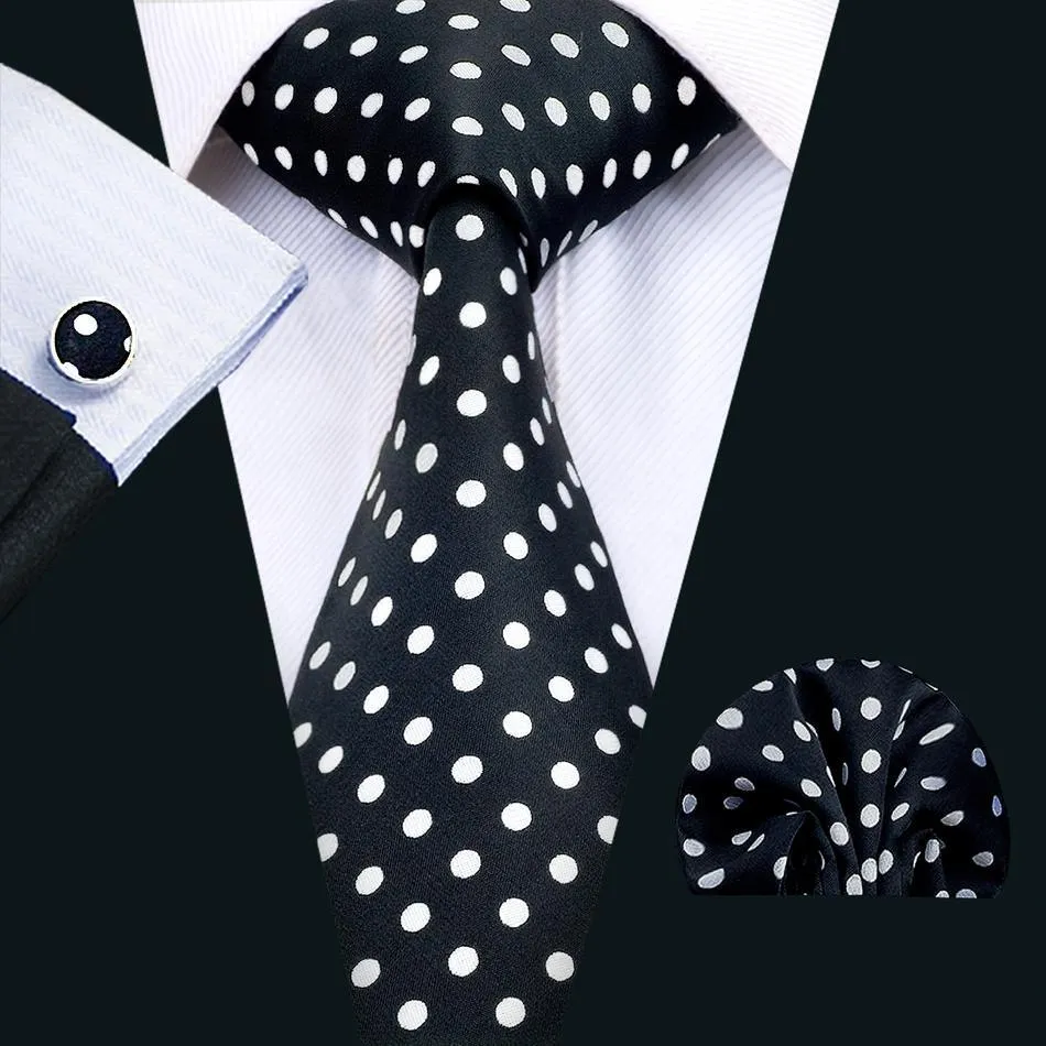 Classic Black LIttle Polka Dot Tie Hanky Cufflinks Set Gift Box Set