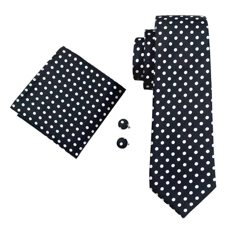 Classic Black LIttle Polka Dot Tie Hanky Cufflinks Set Gift Box Set