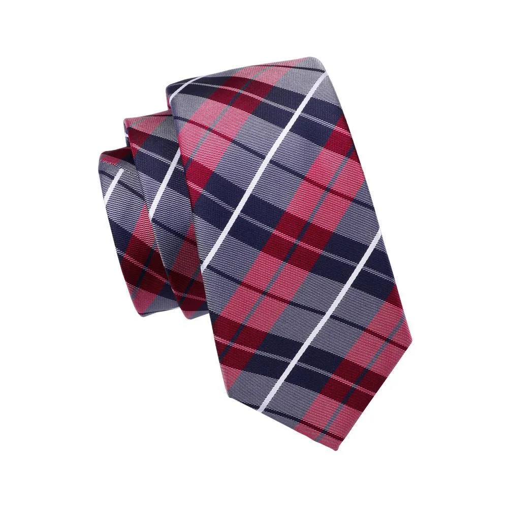 Classic Campus Style Blue Red Plaid Men's Tie Pocket Square Cufflinks Gift Box Set