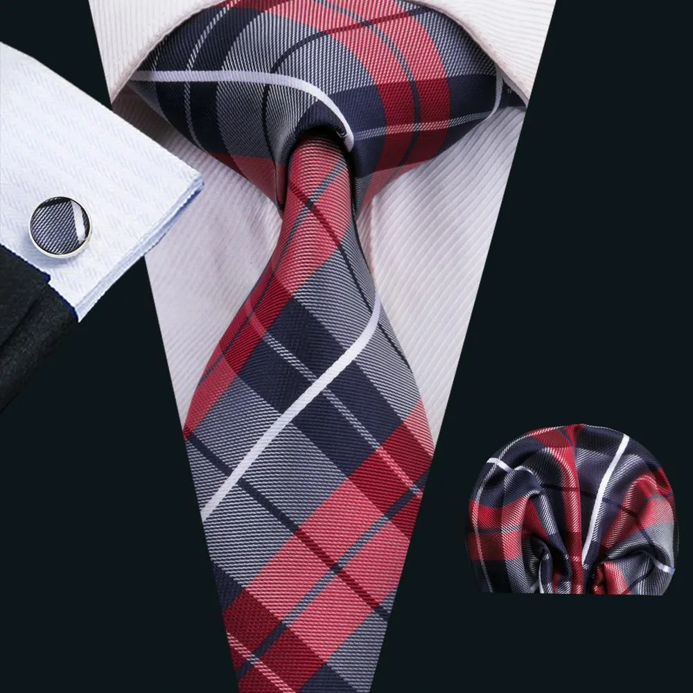 Classic Campus Style Blue Red Plaid Men's Tie Pocket Square Cufflinks Gift Box Set