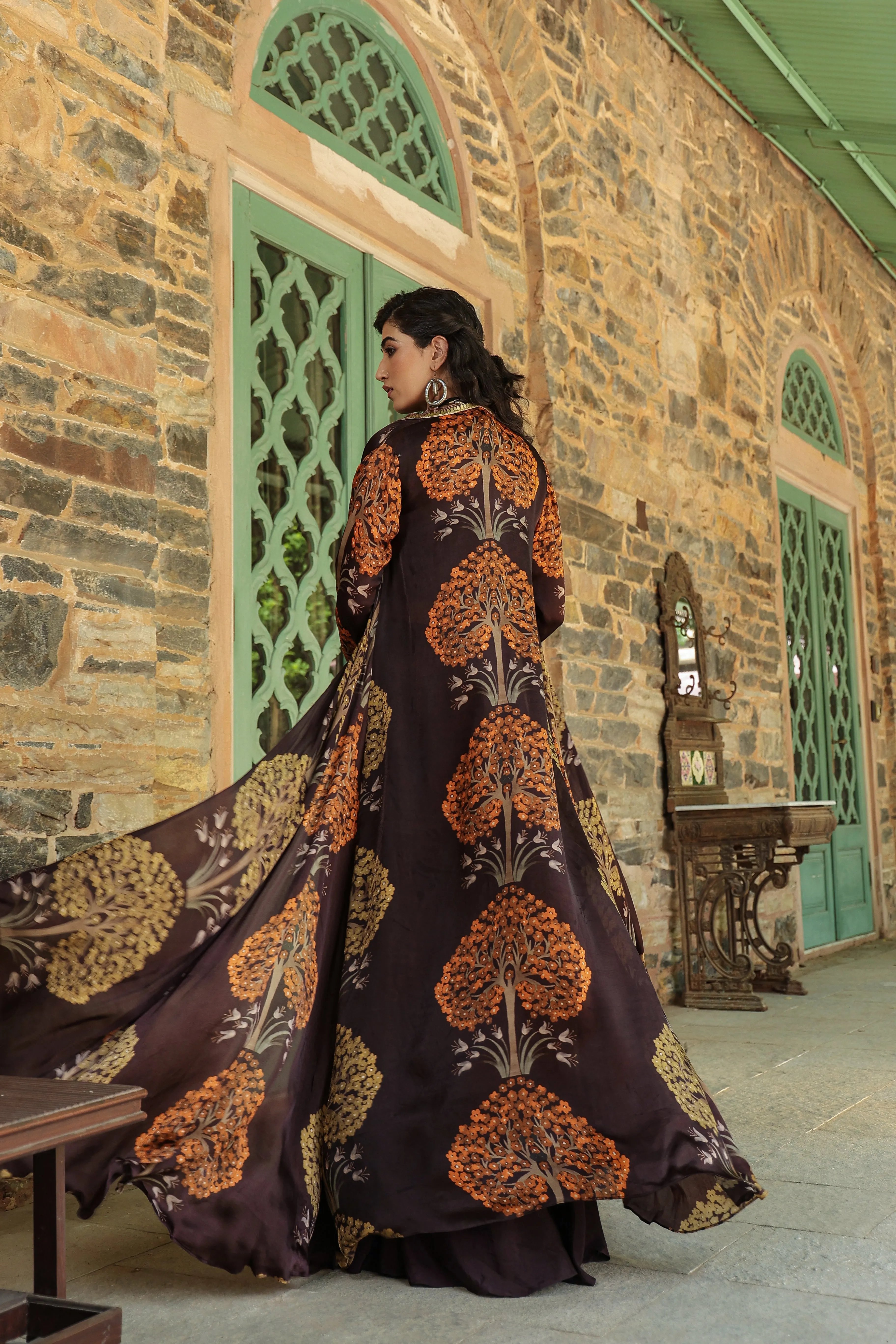 Copper Brown Printed Modal Satin Silk Cape Set