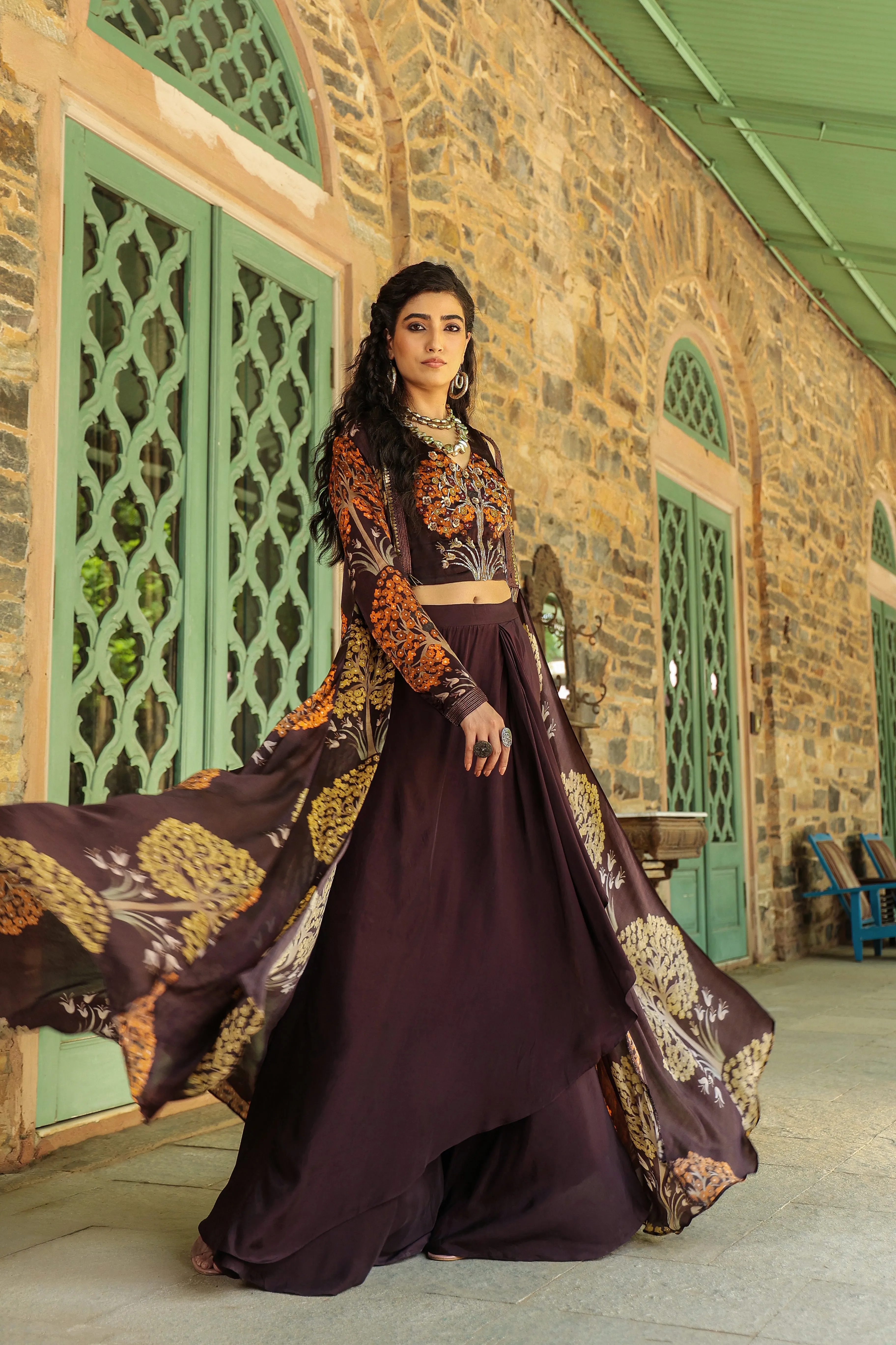 Copper Brown Printed Modal Satin Silk Cape Set