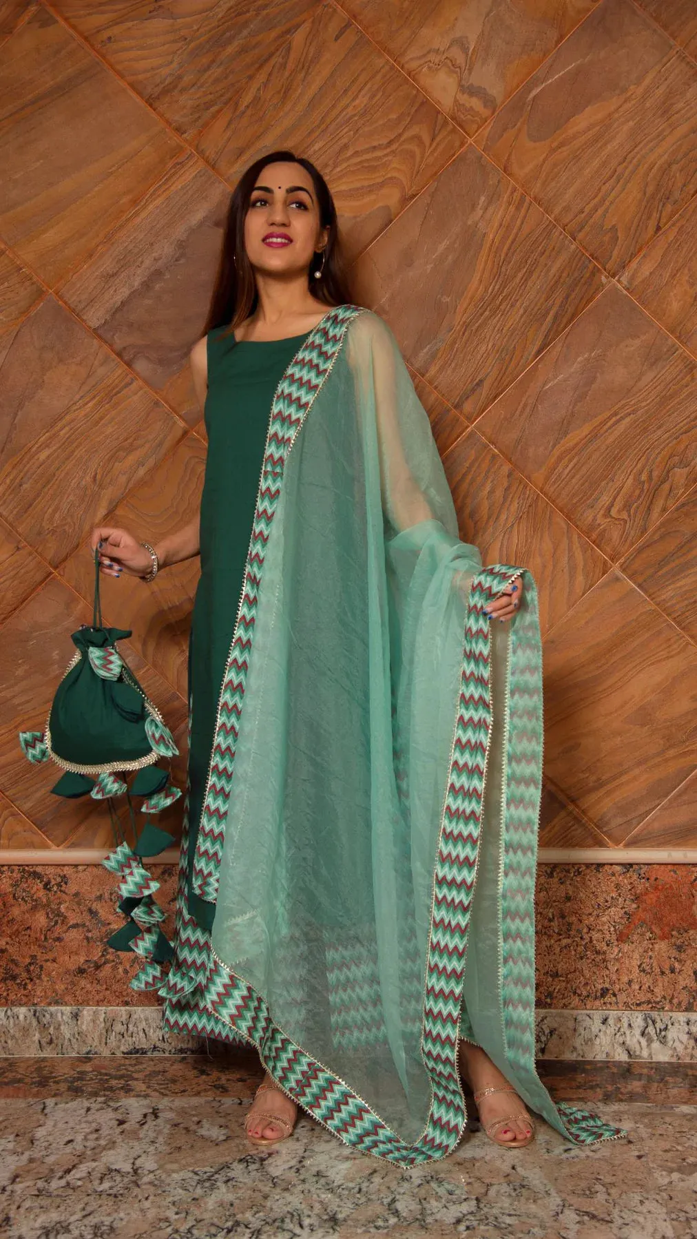 Cotton Dark Green Suit Set with Organza Dupatta