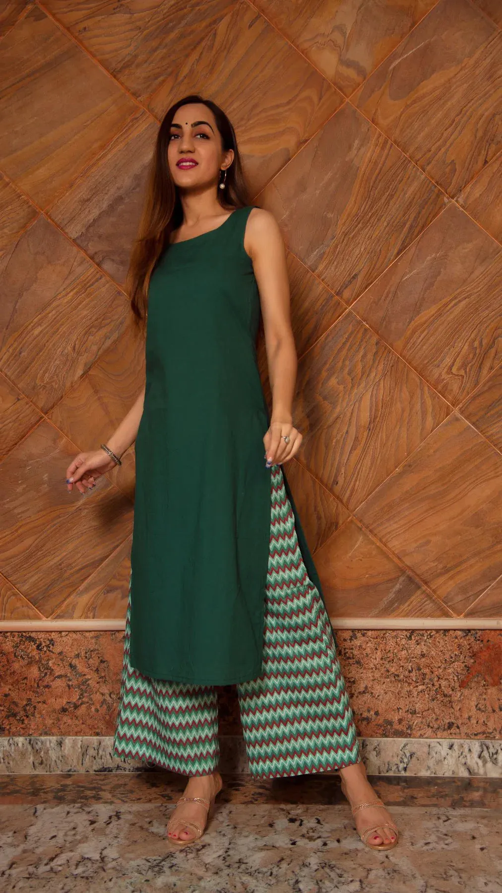 Cotton Dark Green Suit Set with Organza Dupatta