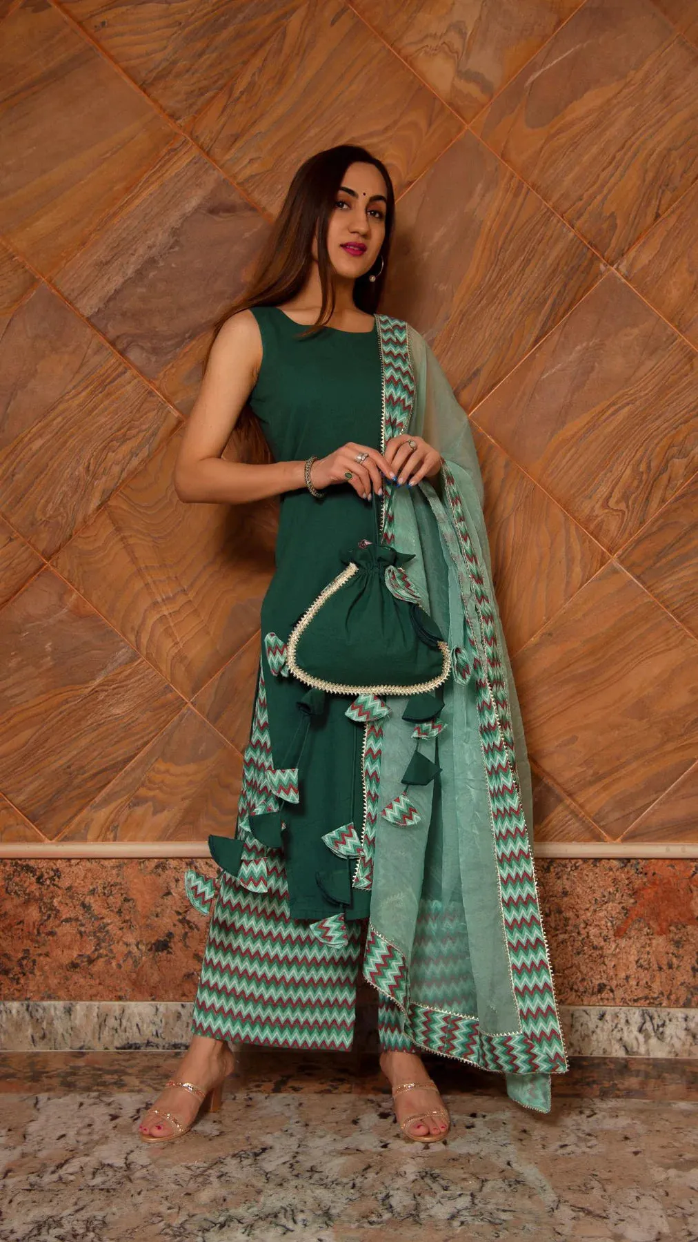 Cotton Dark Green Suit Set with Organza Dupatta