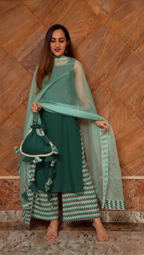 Cotton Dark Green Suit Set with Organza Dupatta