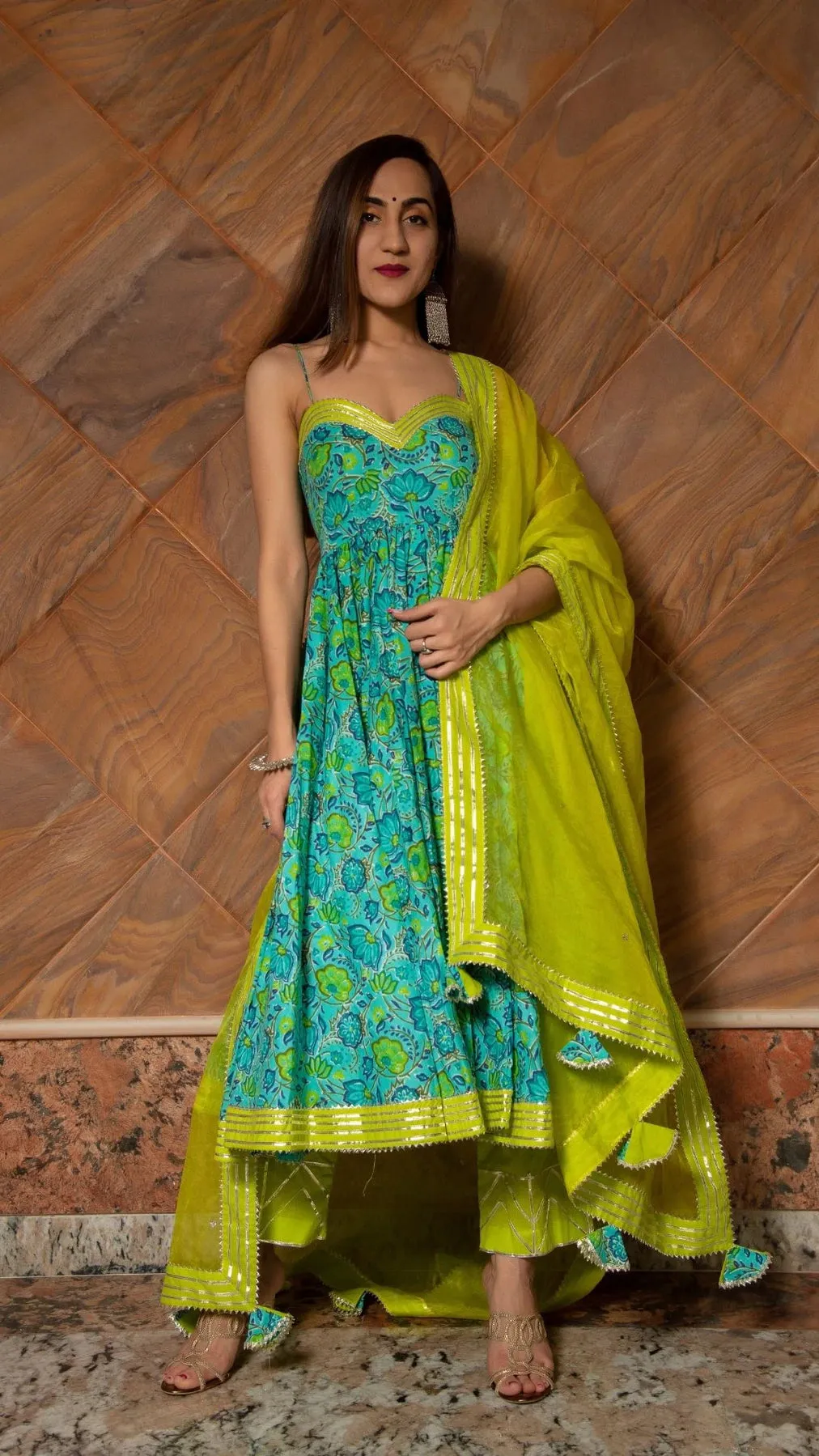 Cotton Green Printed Anarkali Suit Set