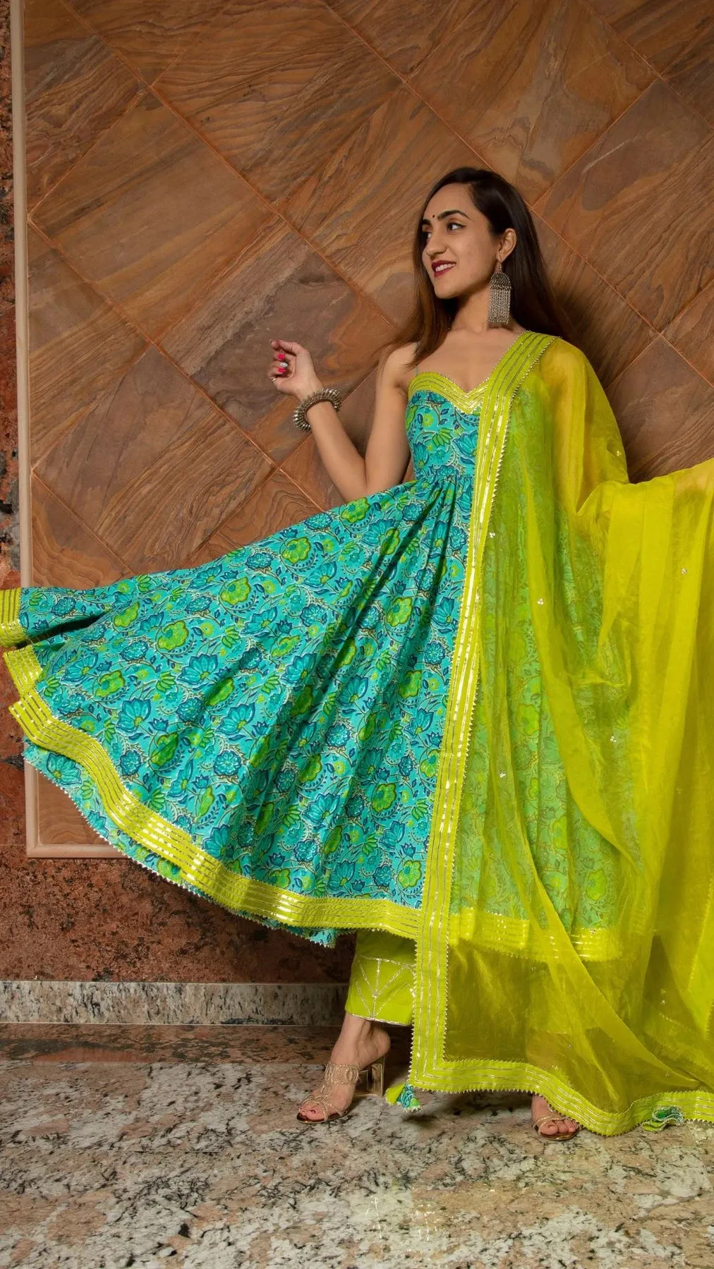 Cotton Green Printed Anarkali Suit Set