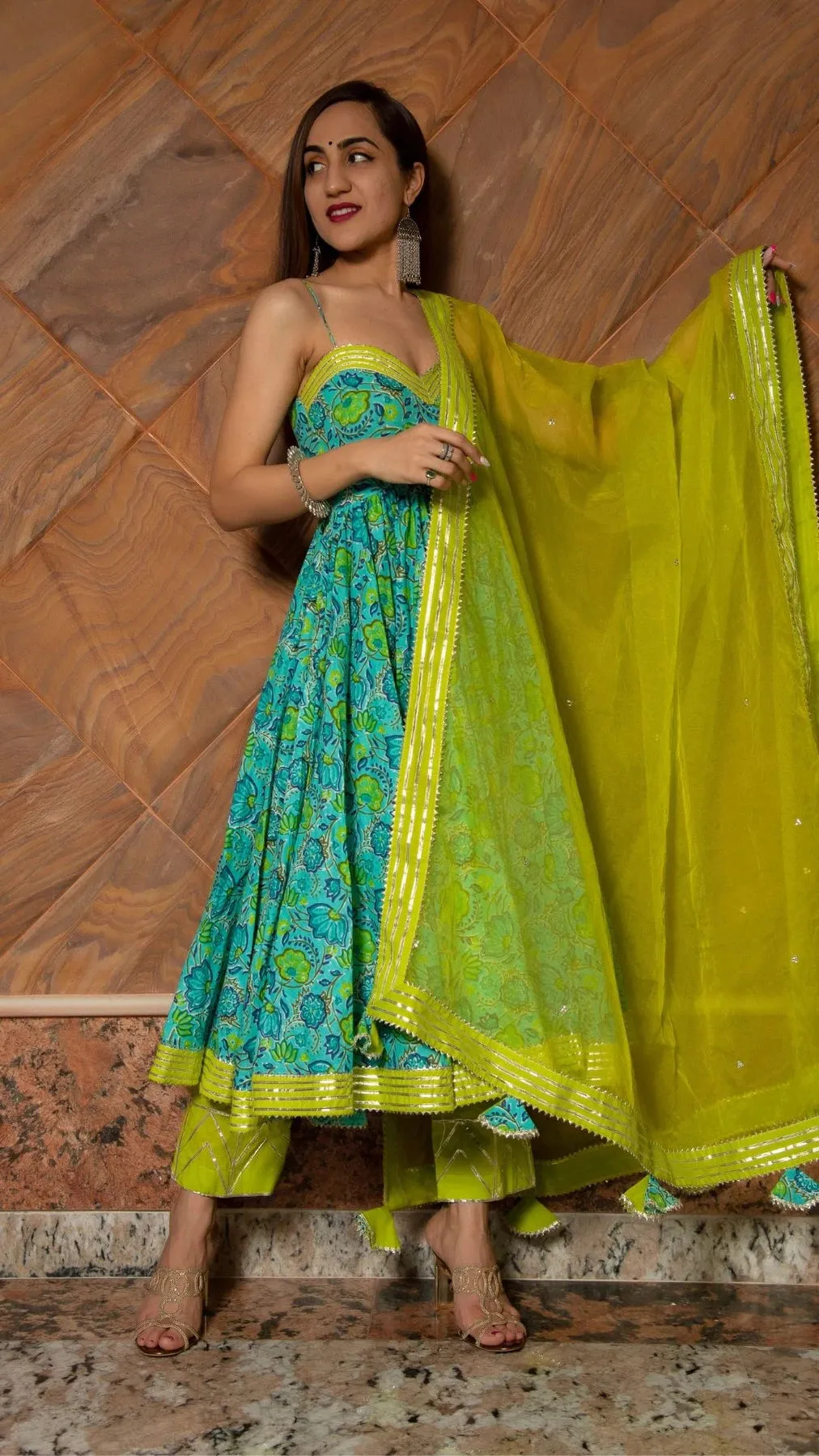 Cotton Green Printed Anarkali Suit Set