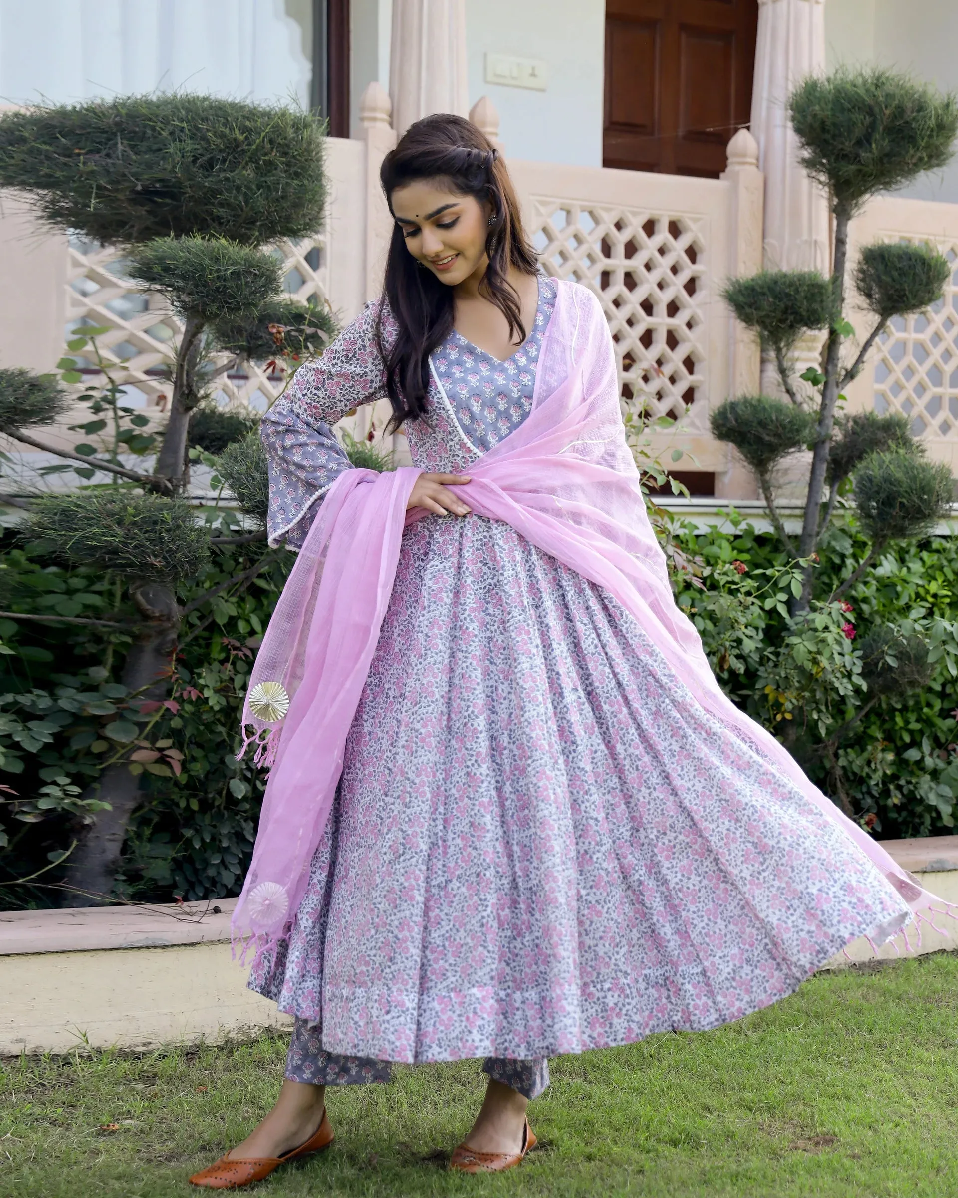 Cotton Pink & Purple Hand Block Print Anarkali Kurta Set