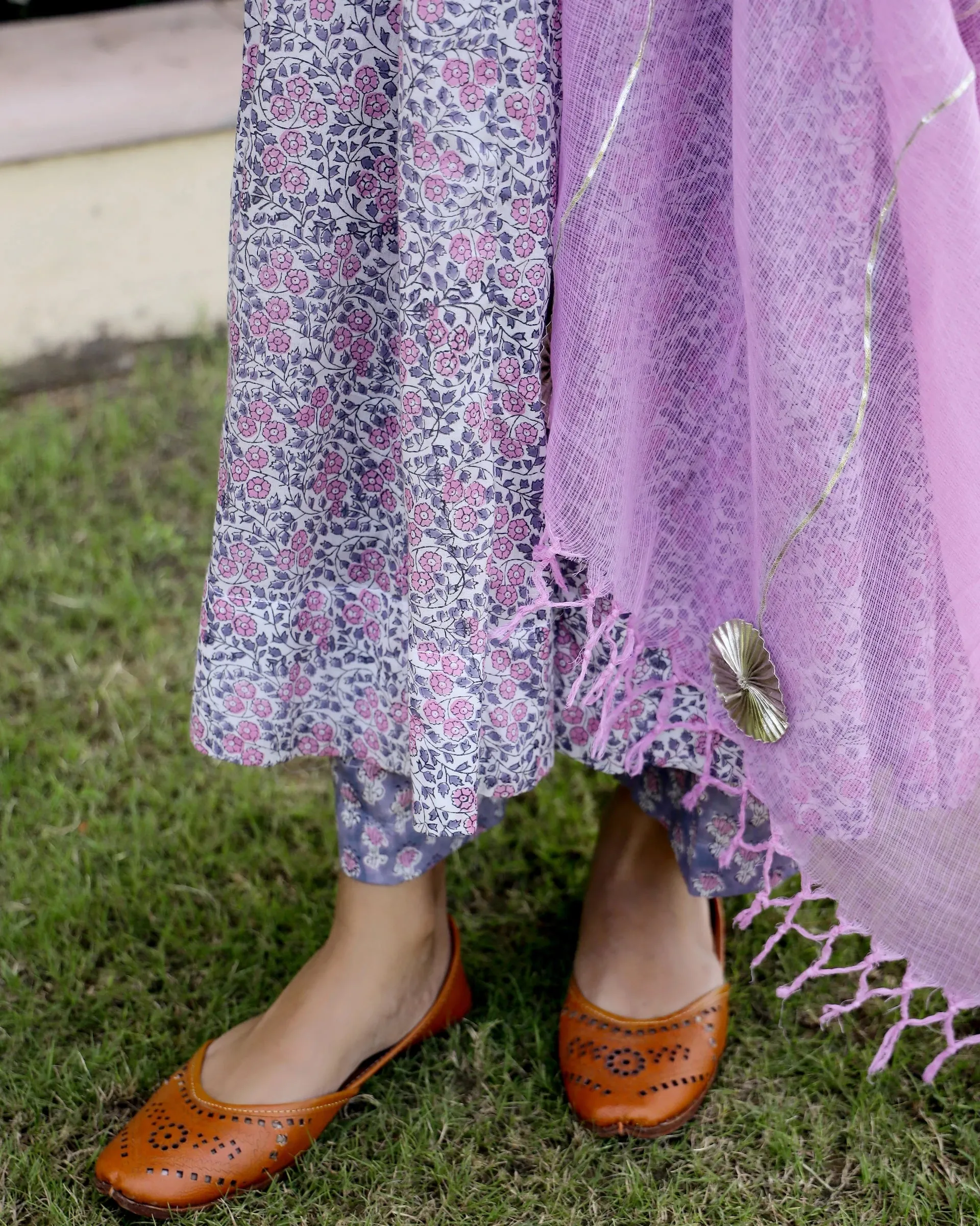 Cotton Pink & Purple Hand Block Print Anarkali Kurta Set