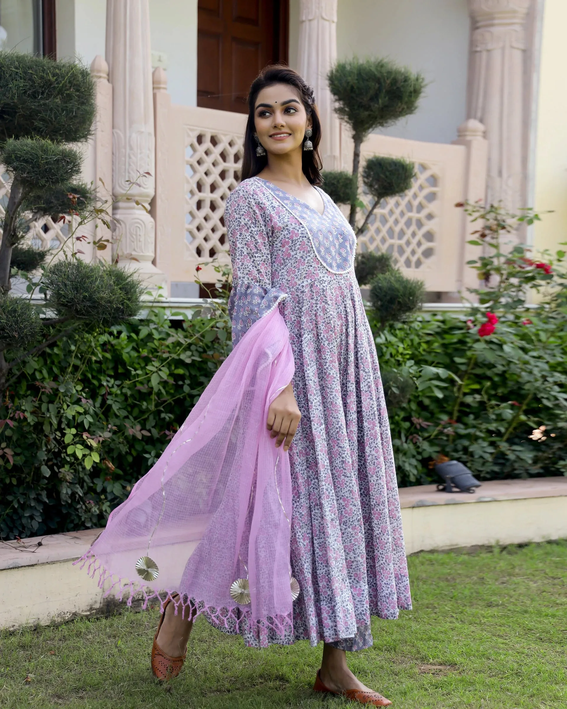 Cotton Pink & Purple Hand Block Print Anarkali Kurta Set