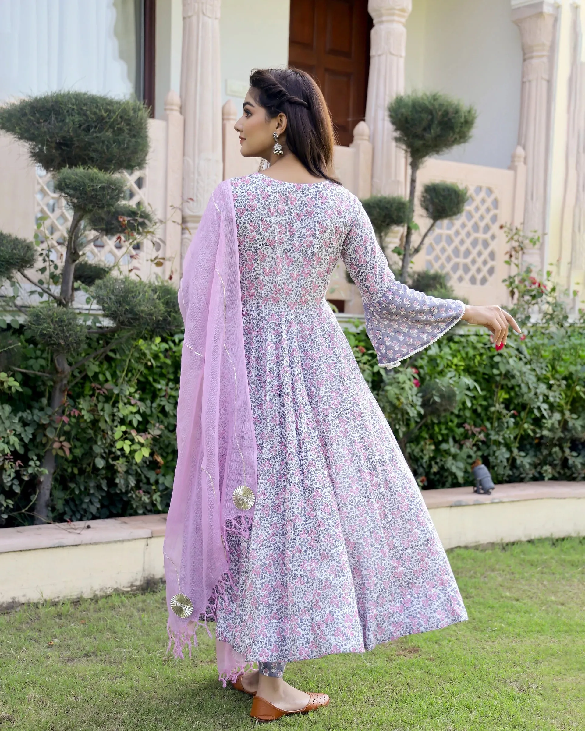 Cotton Pink & Purple Hand Block Print Anarkali Kurta Set