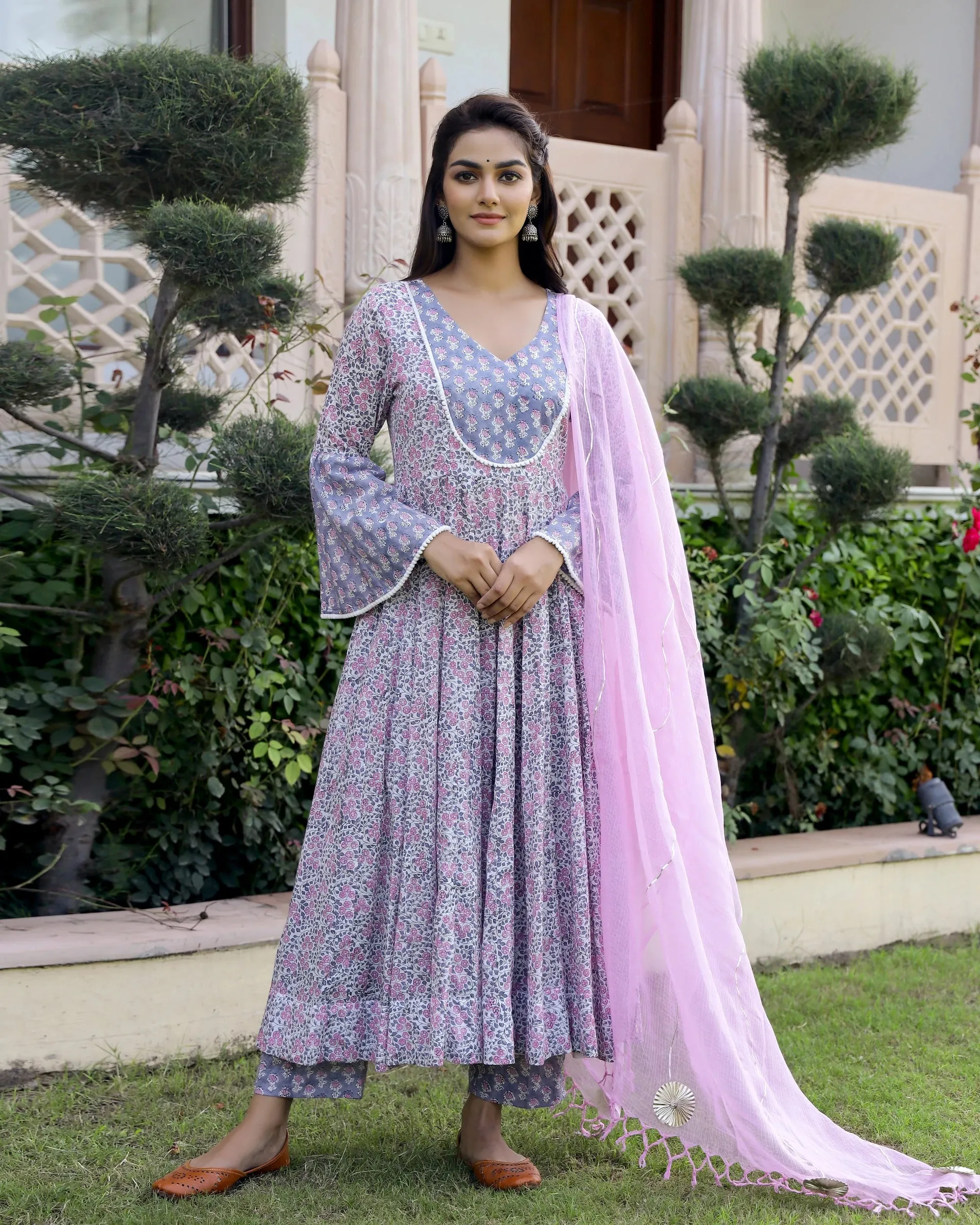 Cotton Pink & Purple Hand Block Print Anarkali Kurta Set