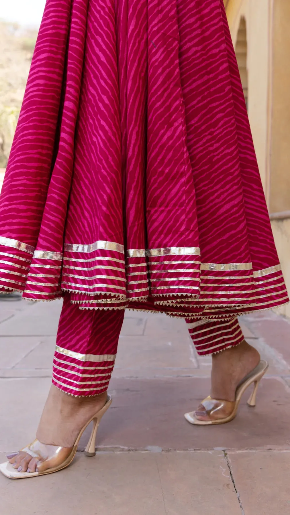 Cotton Pink Leheriya Print Anarkali Set with Dupatta