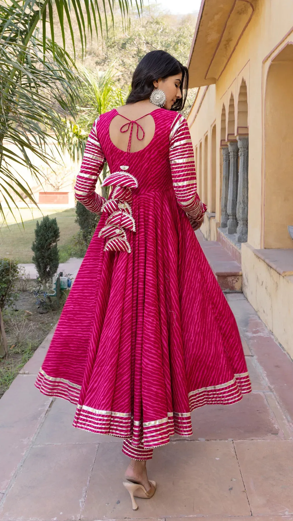 Cotton Pink Leheriya Print Anarkali Set with Dupatta