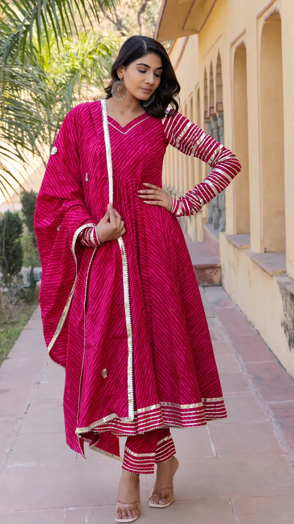 Cotton Pink Leheriya Print Anarkali Set with Dupatta