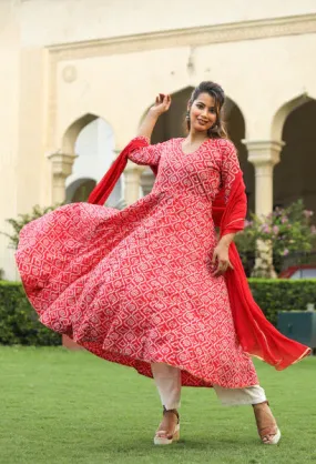 Cotton Red Bandhani Print Anarkali Suit Set