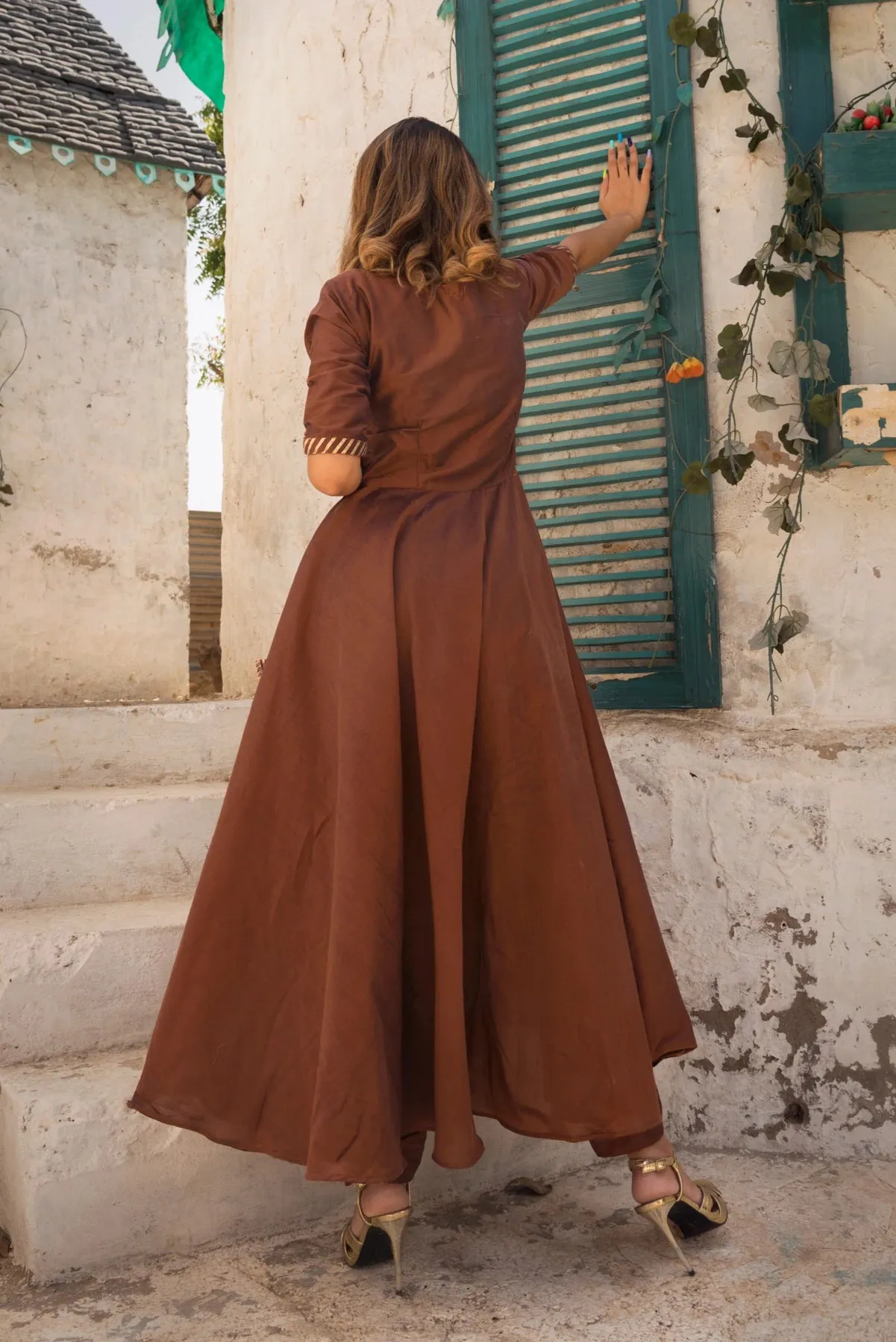 Cotton Silk Brown Anarkali Suit Set