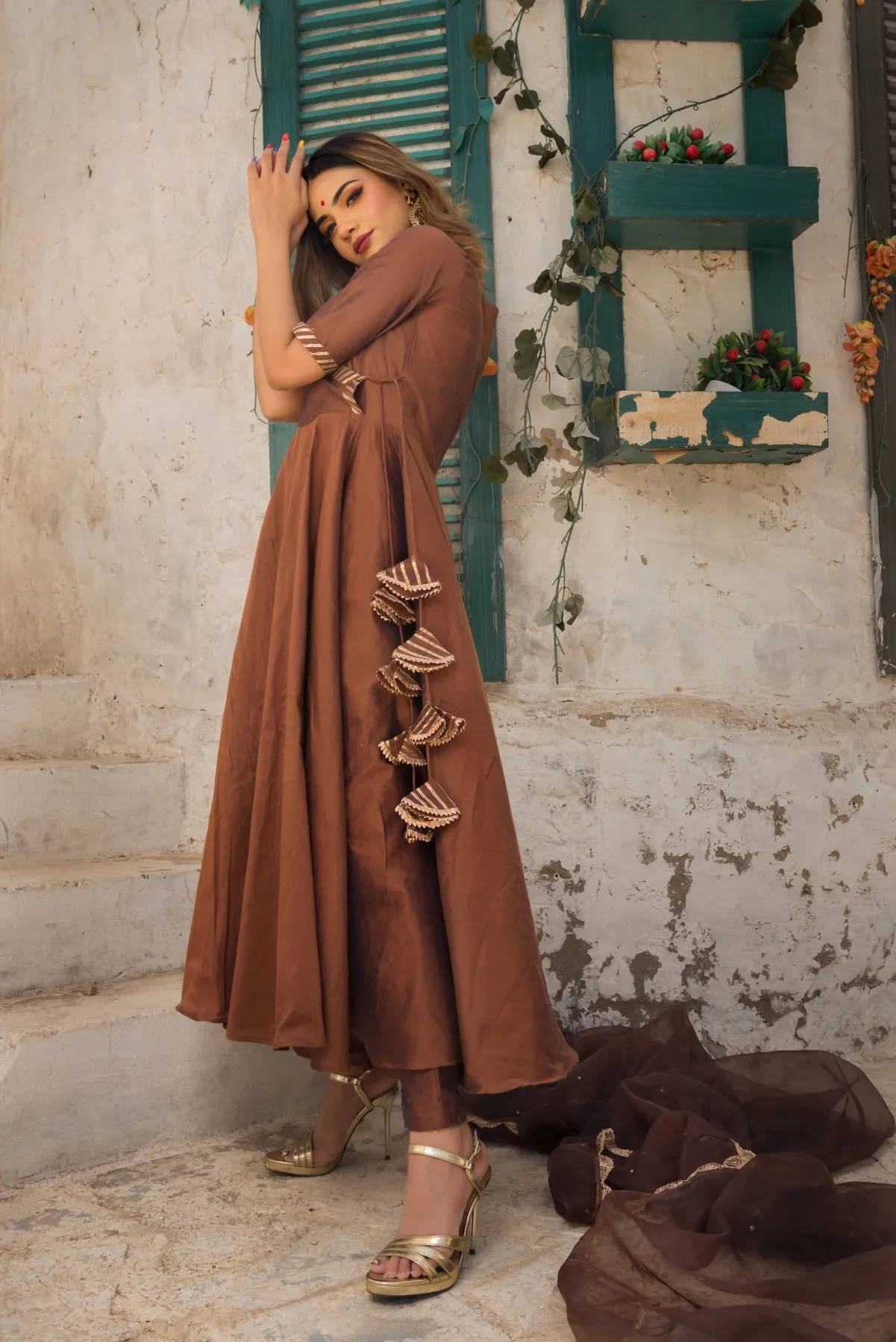 Cotton Silk Brown Anarkali Suit Set