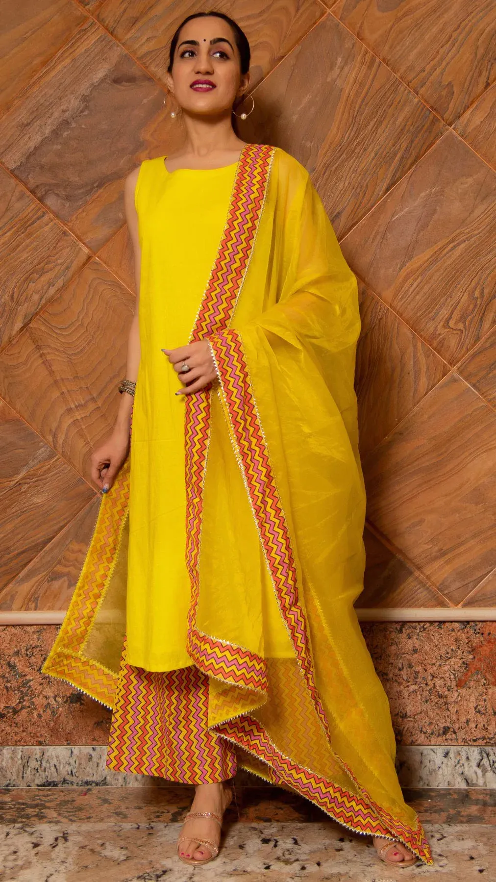 Cotton Yellow & Orange Suit Set with Organza Dupatta