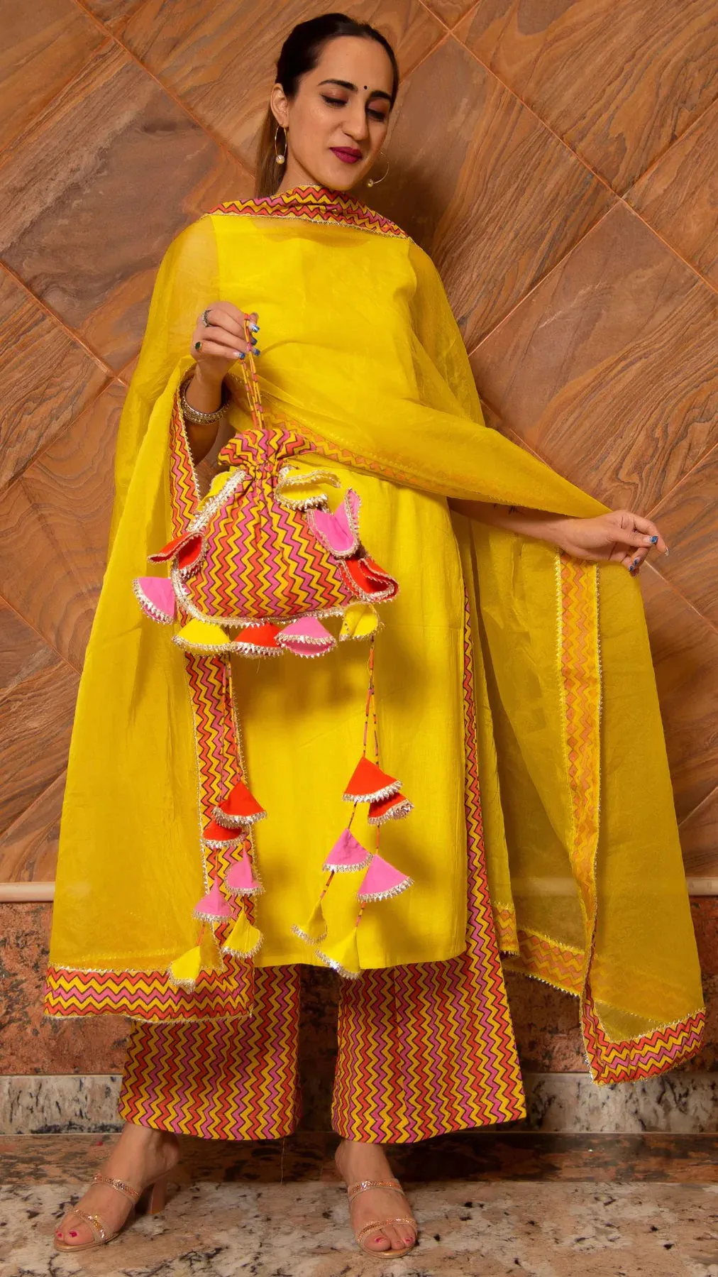 Cotton Yellow & Orange Suit Set with Organza Dupatta