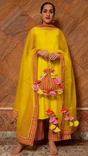 Cotton Yellow & Orange Suit Set with Organza Dupatta