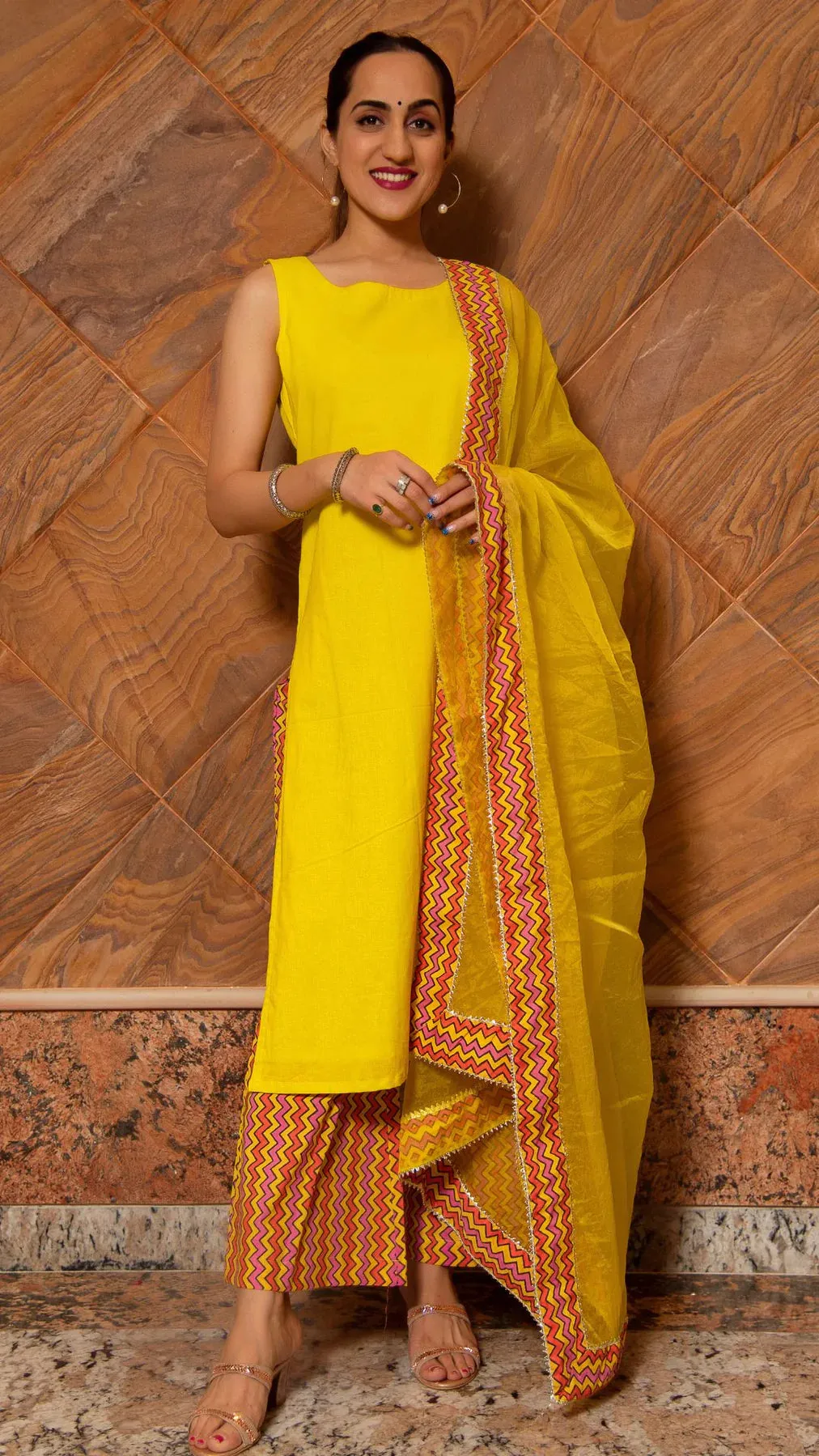 Cotton Yellow & Orange Suit Set with Organza Dupatta