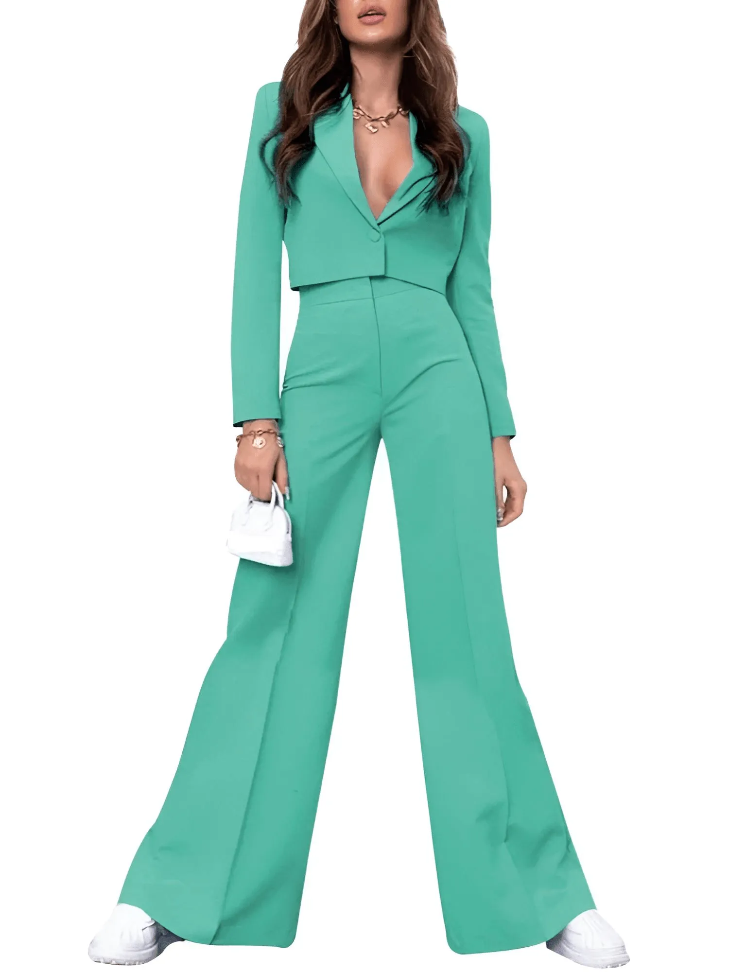 Cropped Blazer and Wide Leg Pants High Waisted 2-Piece Sets For Women