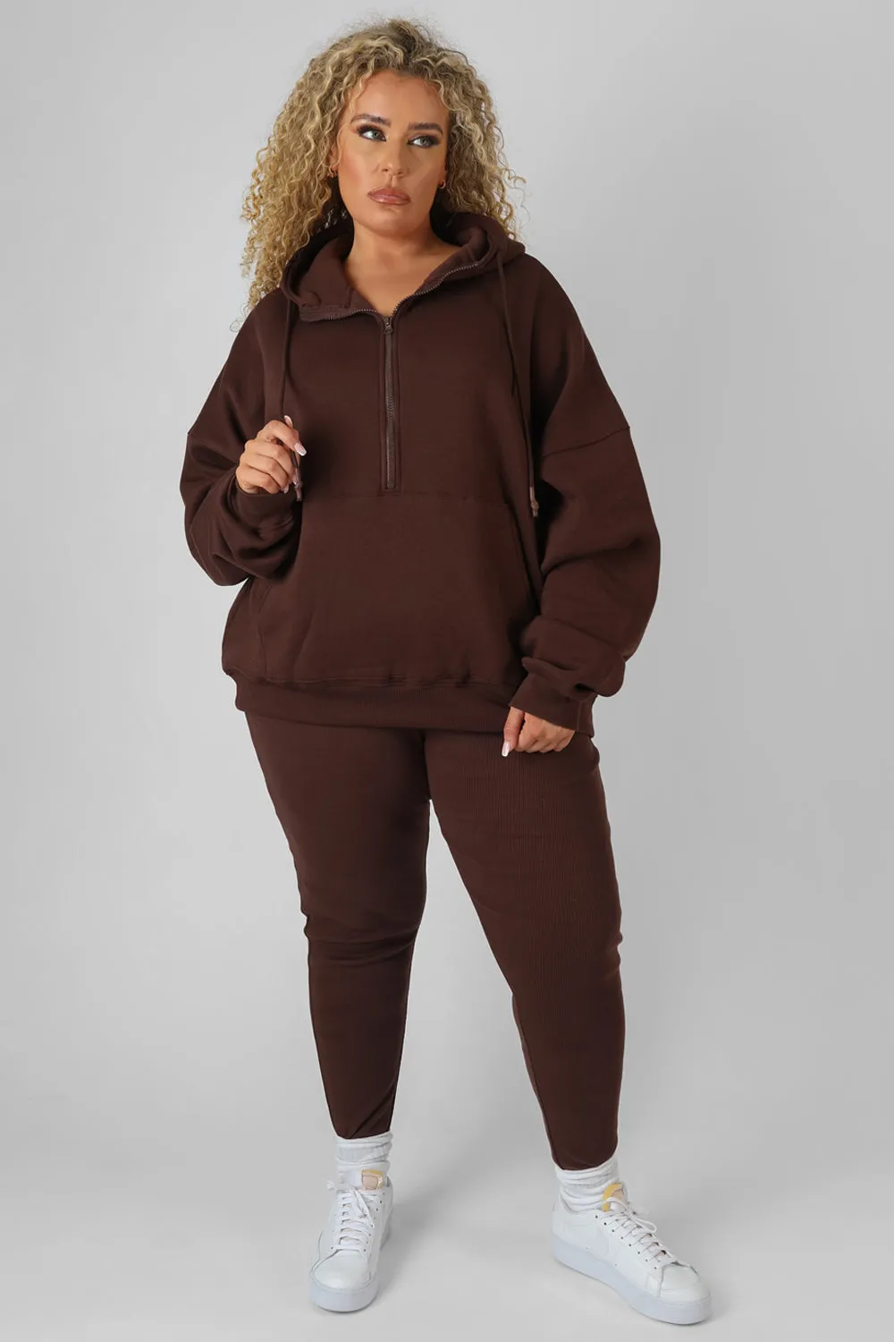 Curve Oversized Half Zip Pullover Hoody Chocolate