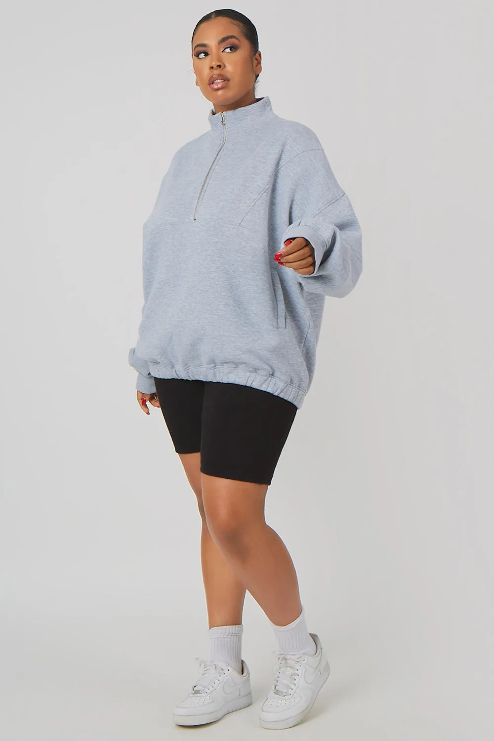 Curve Oversized Half Zip Pullover Pocket Front Sweatshirt Grey Marl