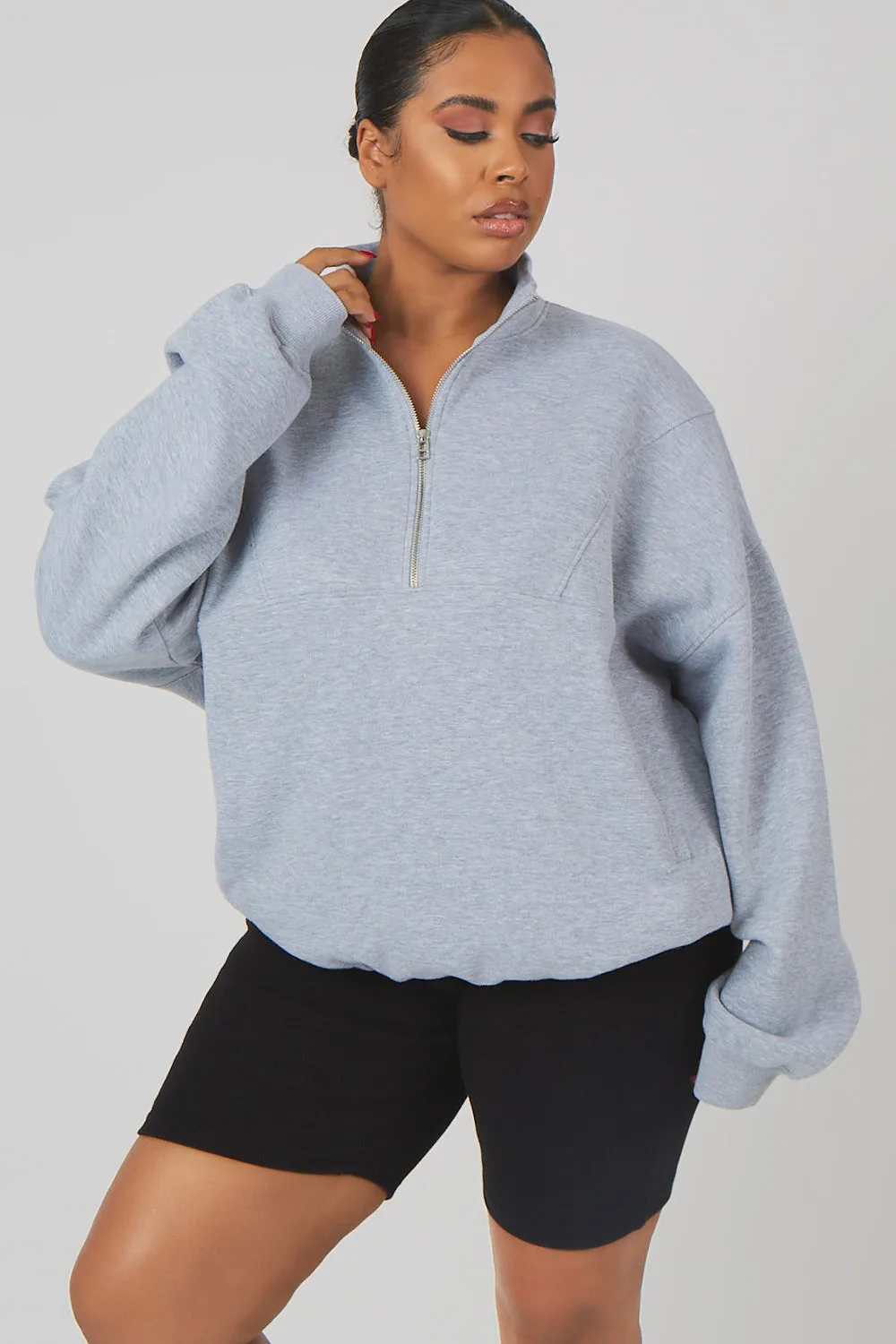 Curve Oversized Half Zip Pullover Pocket Front Sweatshirt Grey Marl