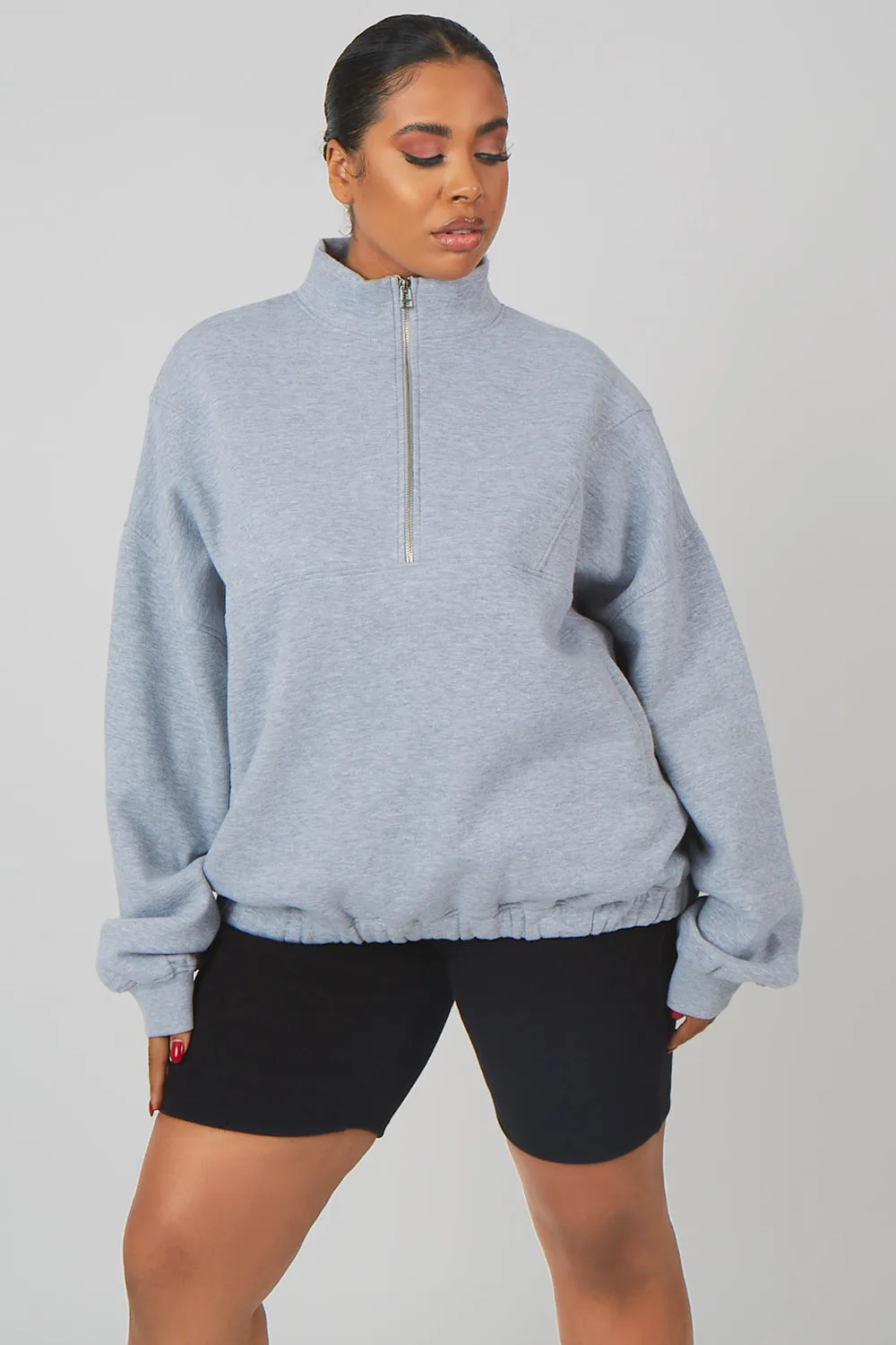 Curve Oversized Half Zip Pullover Pocket Front Sweatshirt Grey Marl